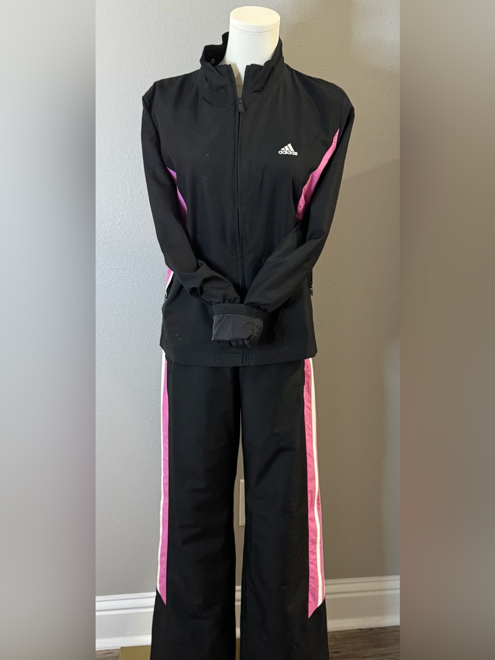 adidas Black Jacket with Pink Stripe Detail